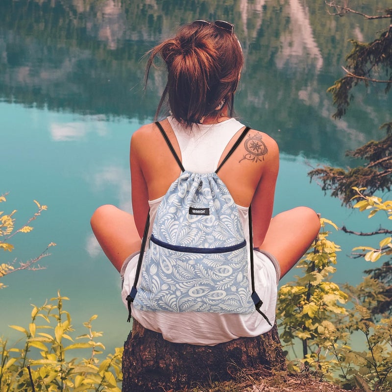 WANDF Drawstring Backpack String Bag Sackpack Cinch Water Resistant Nylon for Gym Shopping Sport Yoga (Light Blue Leaf with zipper) - Image 5